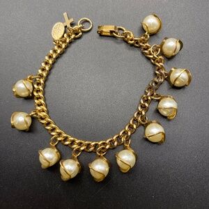 Vintage Gold Tone Bracelet Wire Wrapped Faux Pearls Christian Religious 7"